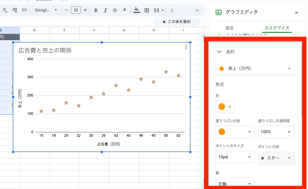散布図の点（マーカー）の色や形の変更